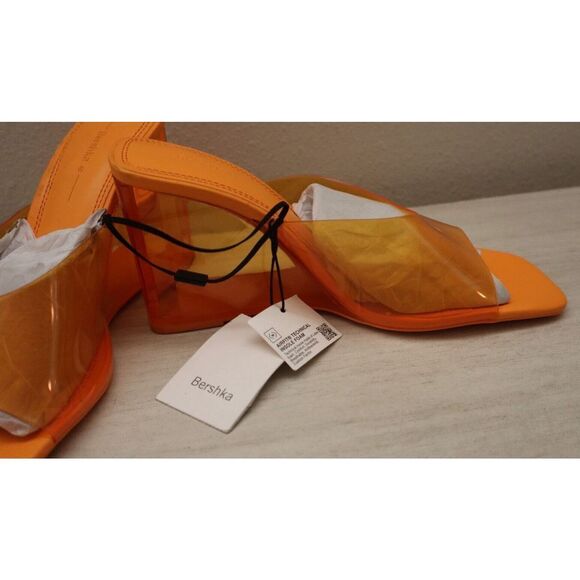 Bershka Women's Sz 9 Bright Orange Clear Detail  Square Toe Wedge Mules - Picture 9 of 12